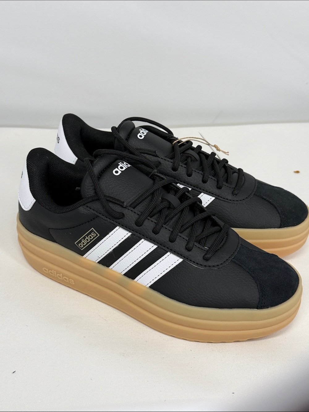 adidas Black Sneakers with White Stripes and Gum Sole VL Court Bold. No box.